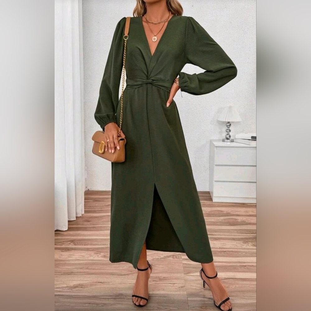New Chic Plunge Twist Front Split Midi Dress Long Sleeve Olive Green - Picture 7 of 10